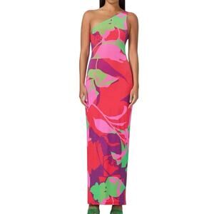 AFRM Foley Cold Shoulder Open Back Gown Graphic Floral Dress Tropical Mesh Sz XS